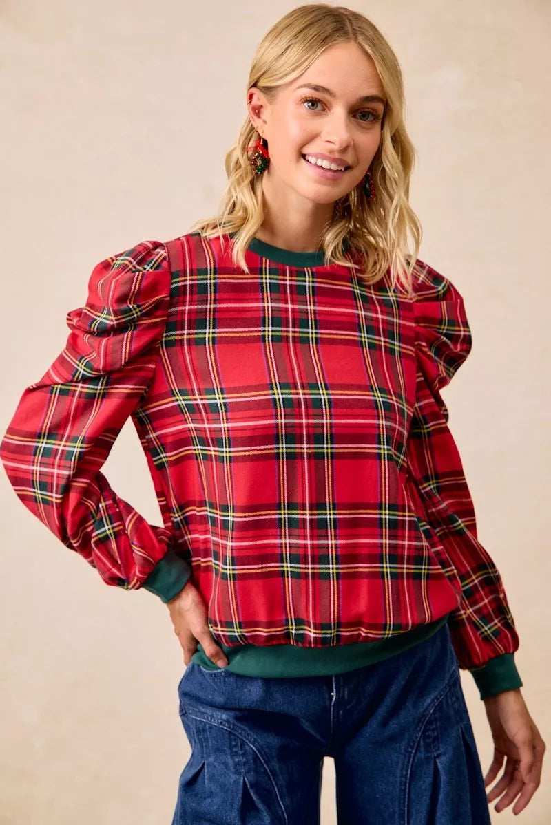 BiBi Christmas Plaid Exaggerated Shoulder Sleeves Top - Trendsi - Flyclothing LLC