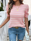 Striped Round Neck Puff Sleeve Knit Top - Trendsi - Flyclothing LLC