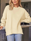 Slit Round Neck Dropped Shoulder Sweater - Trendsi - Flyclothing LLC