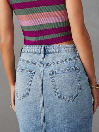 Raw Hem Front Slit Denim Midi Skirt - Trendsi - Flyclothing LLC