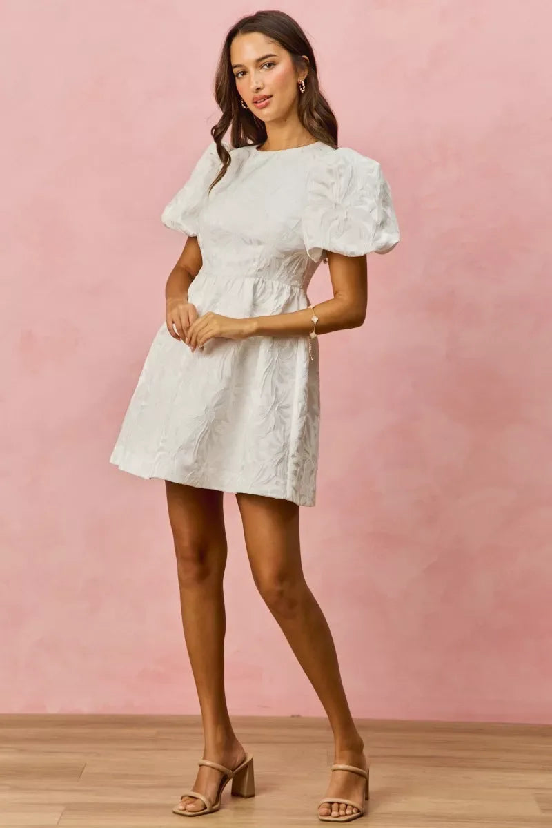 SO ME Floral Jacquard Bubble Shorts Sleeves Mini Dress - Trendsi - Flyclothing LLC