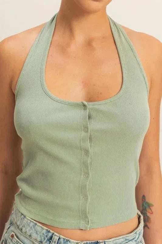HYFVE Halter Neck Buttoned Washed Top - Trendsi - Flyclothing LLC