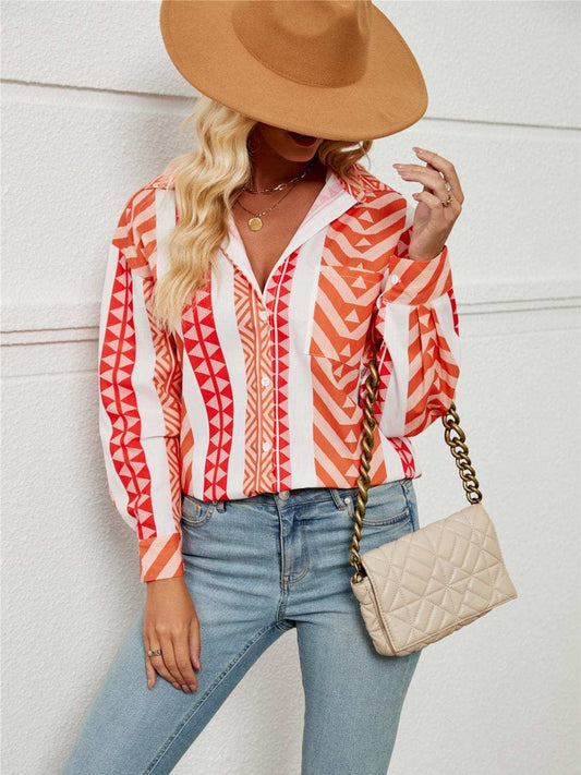 Geometric Collared Neck Long Sleeve Shirt - Trendsi - Flyclothing LLC
