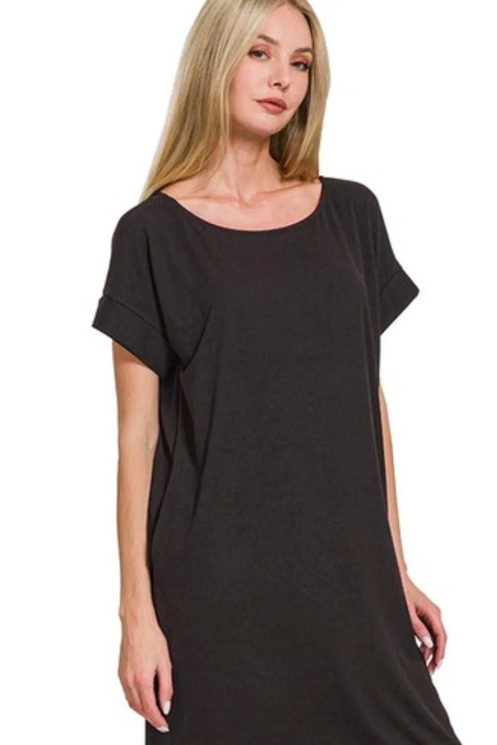 Zenana Rolled Short Sleeve Round Neck Dress - Trendsi - Flyclothing LLC