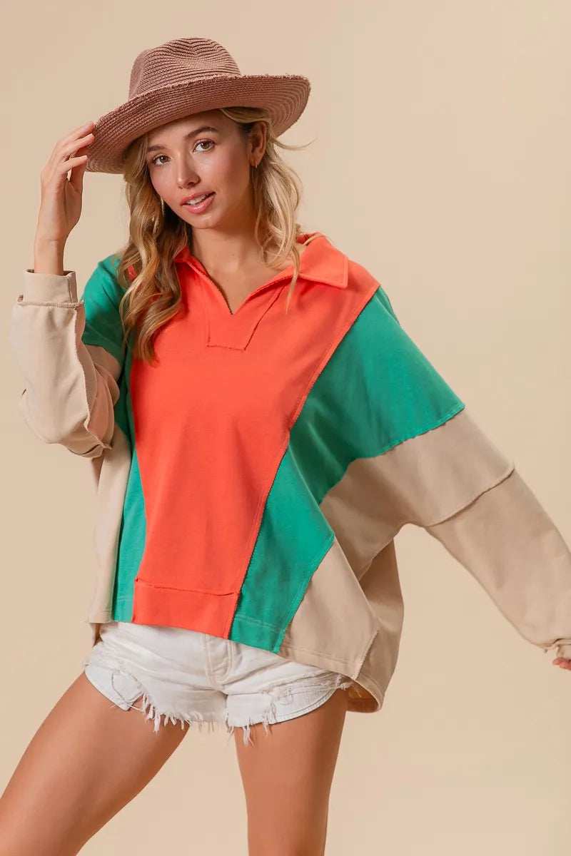 BiBi Colorblock Exposed Seam French Terry Sweatshirt - Trendsi - Flyclothing LLC