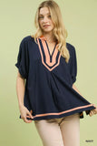 Umgee Linen Contrast Trim V-Neck Blouse - Trendsi - Flyclothing LLC
