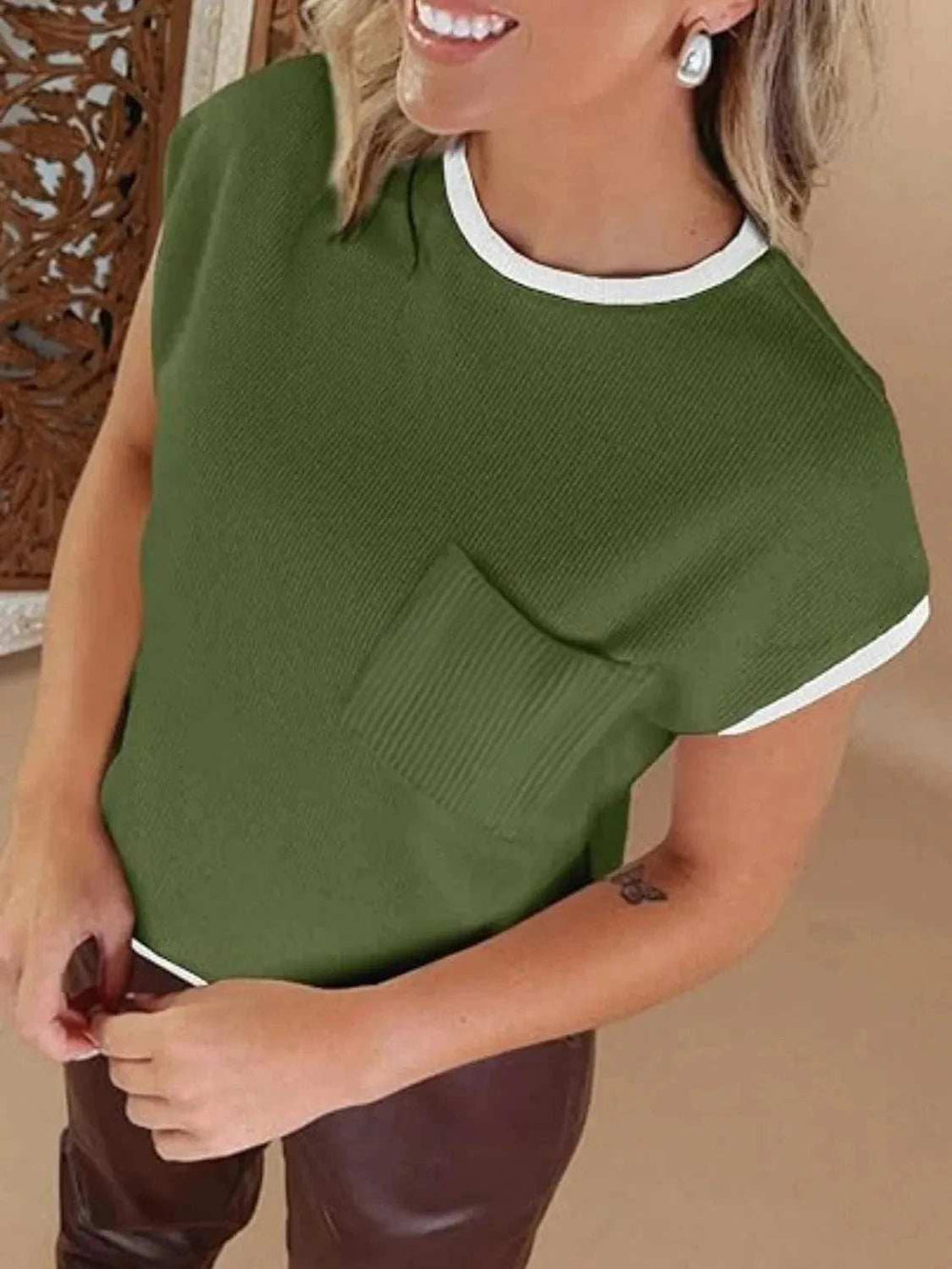 Contrast Trim Round Neck Cap Sleeve Top - Trendsi - Flyclothing LLC