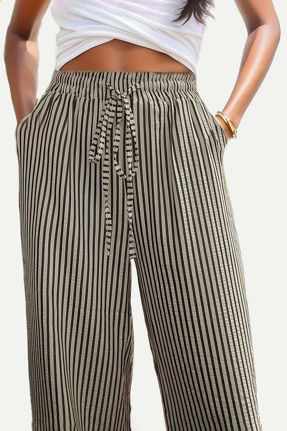 Drawstring Striped Elastic Waist Pants - Trendsi - Flyclothing LLC