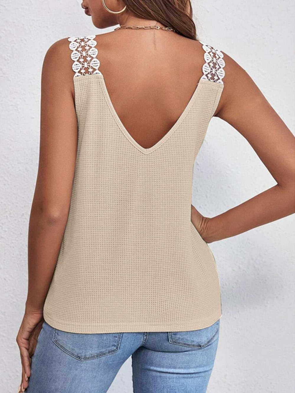 Lace Detail Waffle-Knit V-Neck Tank - Trendsi - Flyclothing LLC