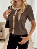 Decor Button Round Neck Short Sleeve Blouse - Trendsi - Flyclothing LLC