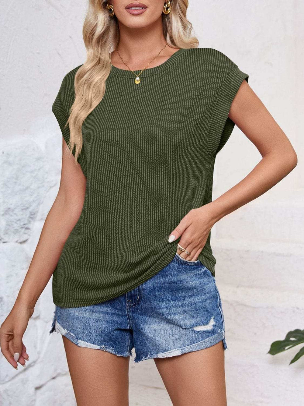 Textured Round Neck Cap Sleeve Blouse - Trendsi - Flyclothing LLC
