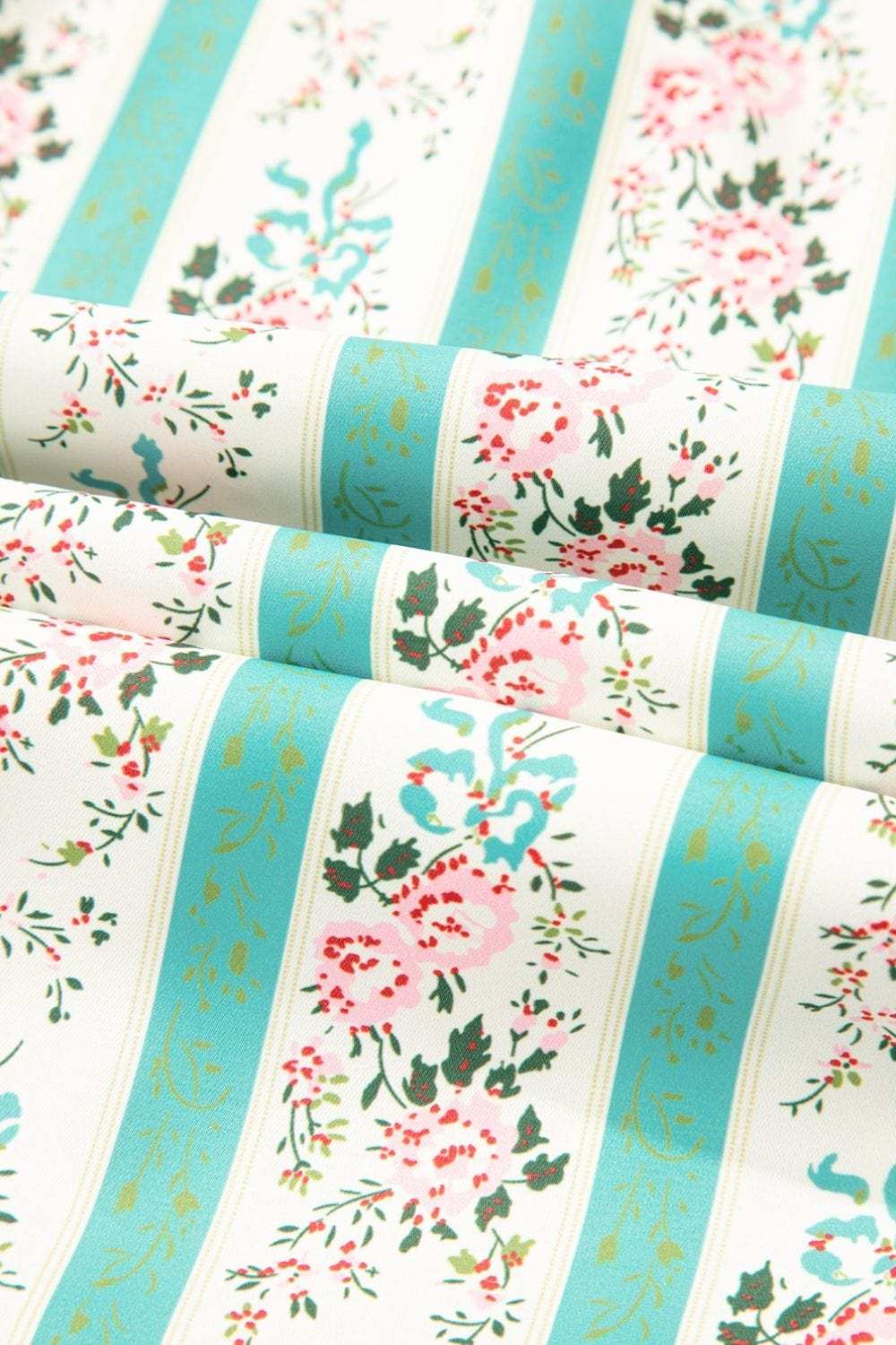 Striped Floral Print Tie Neck Puff Sleeve Midi Dress - Trendsi - Flyclothing LLC