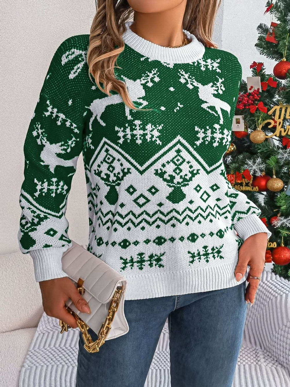 Christmas Element Round Neck Long Sleeve Sweater - Trendsi - Flyclothing LLC