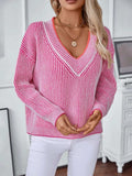 Striped V-Neck Long Sleeve Sweater - Trendsi - Flyclothing LLC