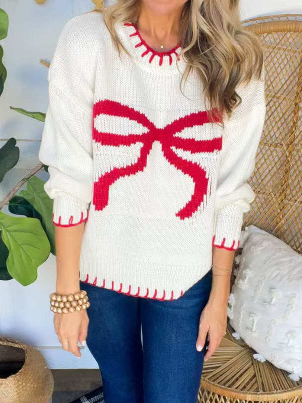 Bow Round Neck Long Sleeve Sweater - Trendsi - Flyclothing LLC