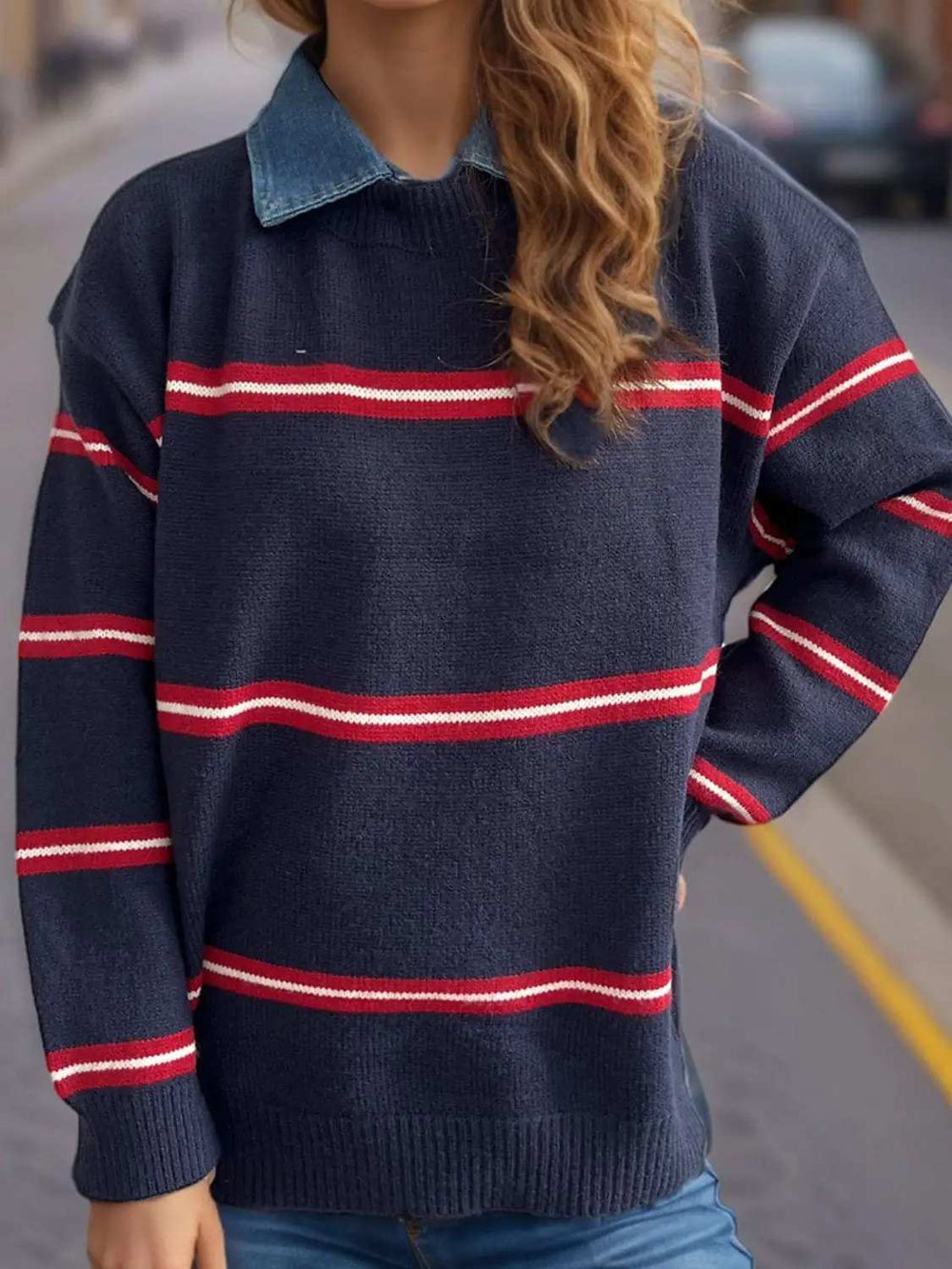 Contrast Stripes Round Neck Long Sleeve Sweater - Trendsi - Flyclothing LLC