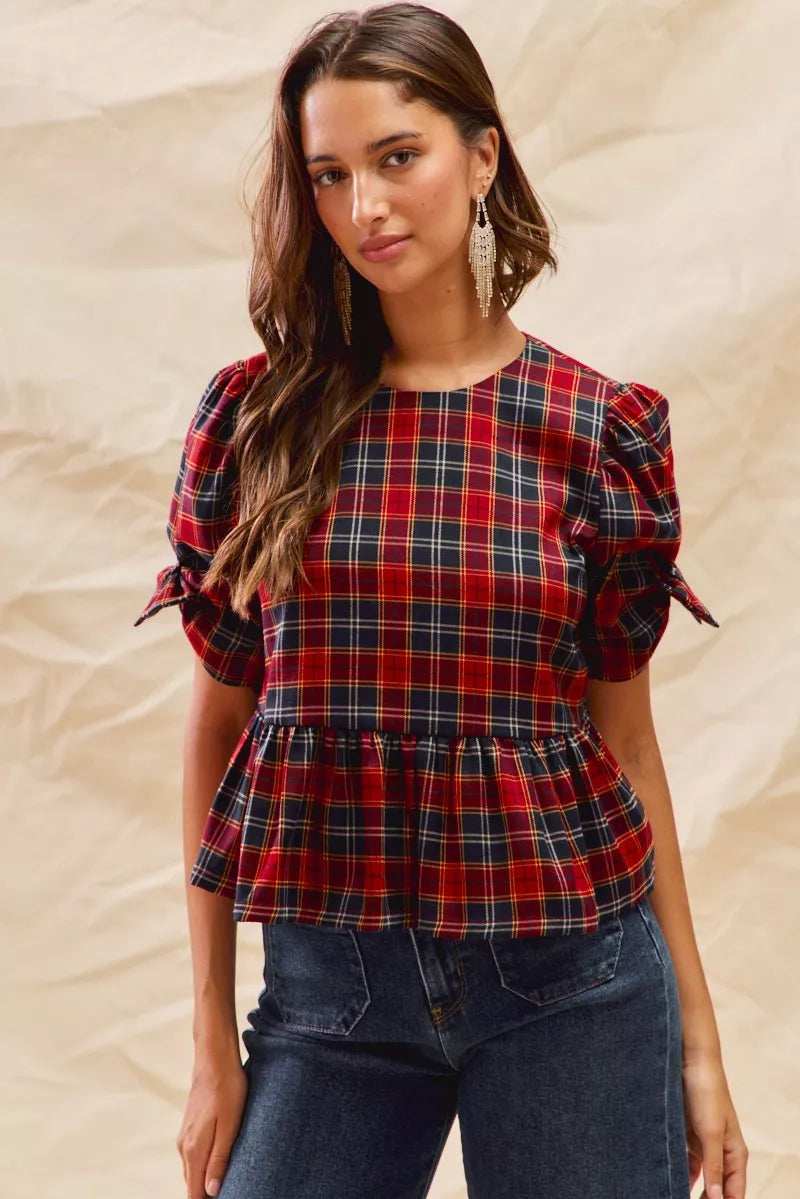 SO ME Christmas Holiday Plaid Ribbon Short Sleeves Top - Trendsi - Flyclothing LLC