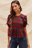 SO ME Christmas Holiday Plaid Ribbon Short Sleeves Top - Trendsi - Flyclothing LLC