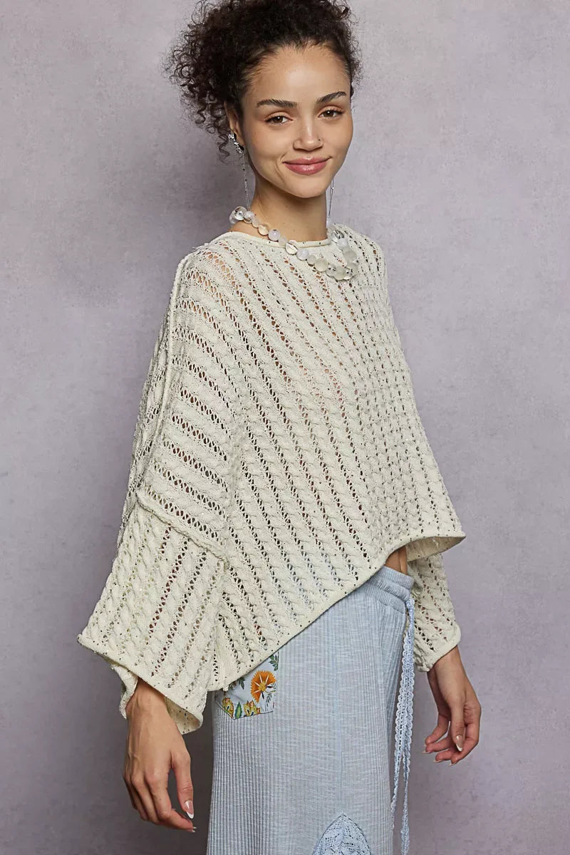 POL Cable-Knit Openwork Round Neck Cropped Sweater - Trendsi - Flyclothing LLC