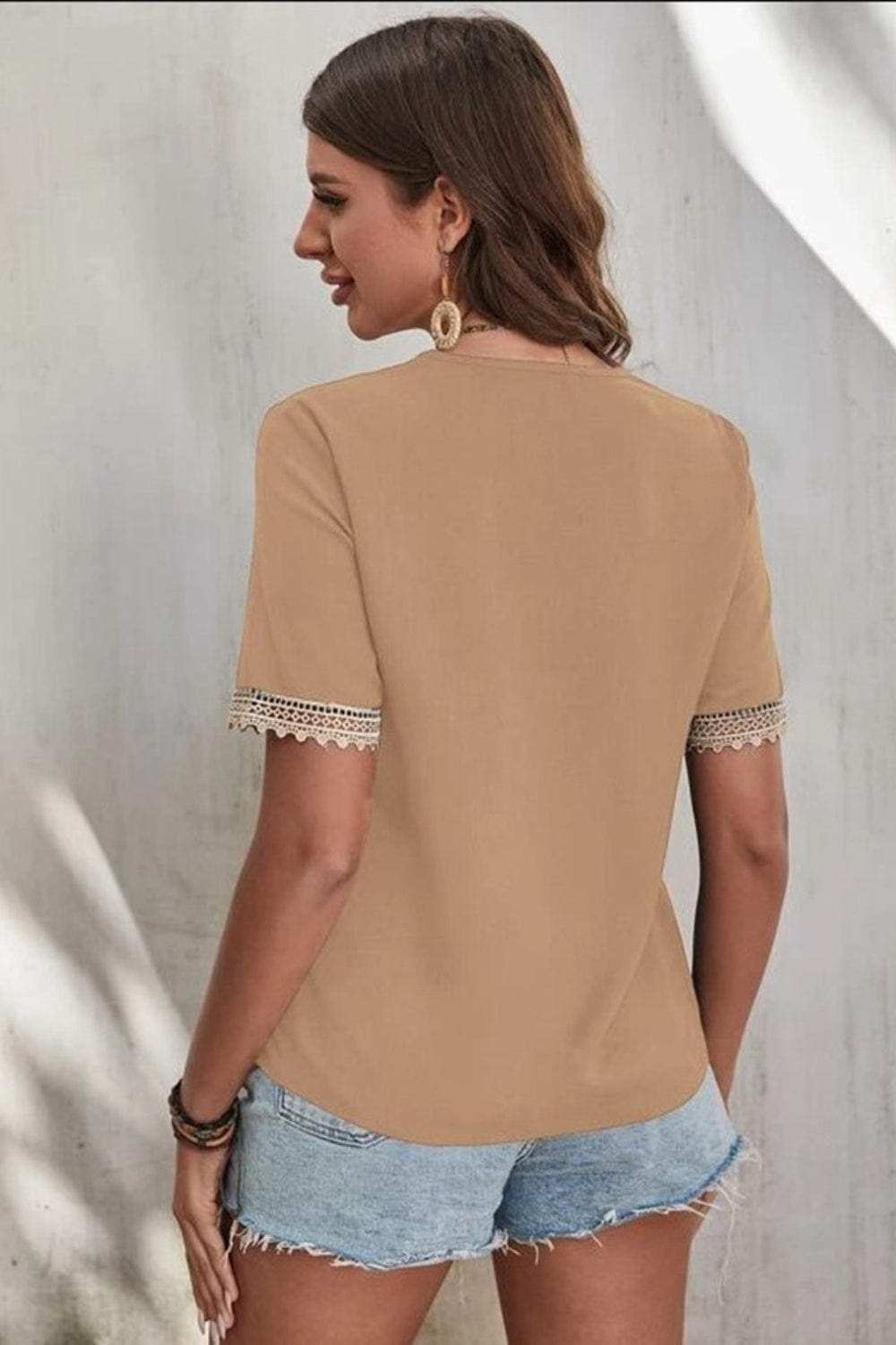 Full Size Lace Detail V-Neck Short Sleeve Blouse - Trendsi - Flyclothing LLC