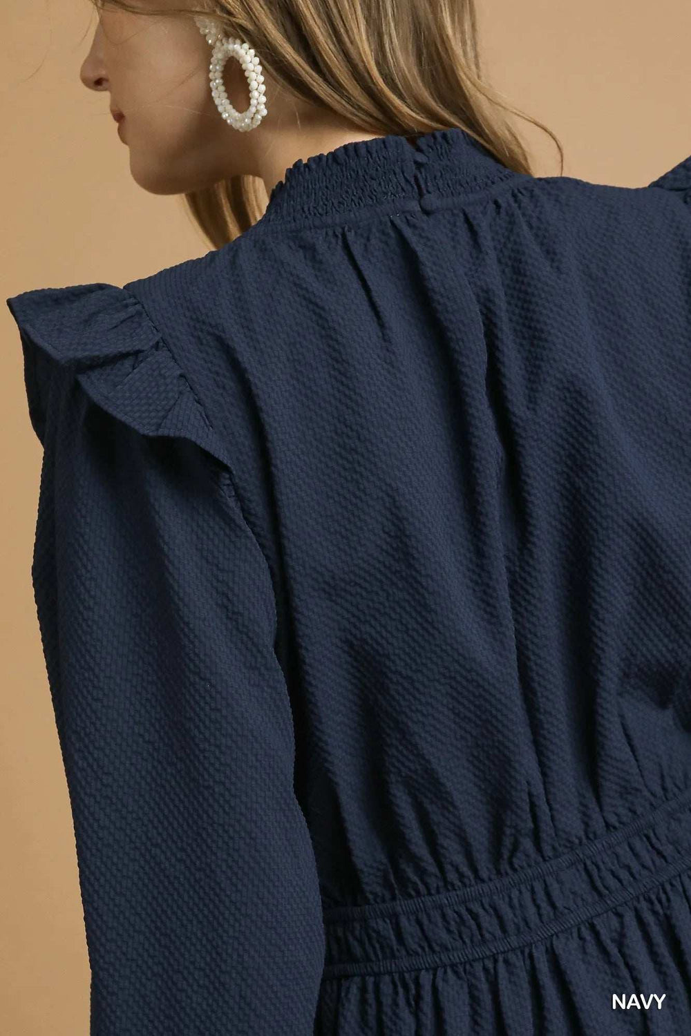 Umgee Textured Midi Dress with Ruffle Shoulder Detail - Trendsi - Flyclothing LLC