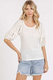 Mittoshop Mixed Media Textured Knit Popcorn Puff Sleeve Blouse - Trendsi - Flyclothing LLC