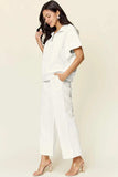 Double Take Full Size Texture Half Zip Short Sleeve Top and Pants Set - Trendsi - Flyclothing LLC