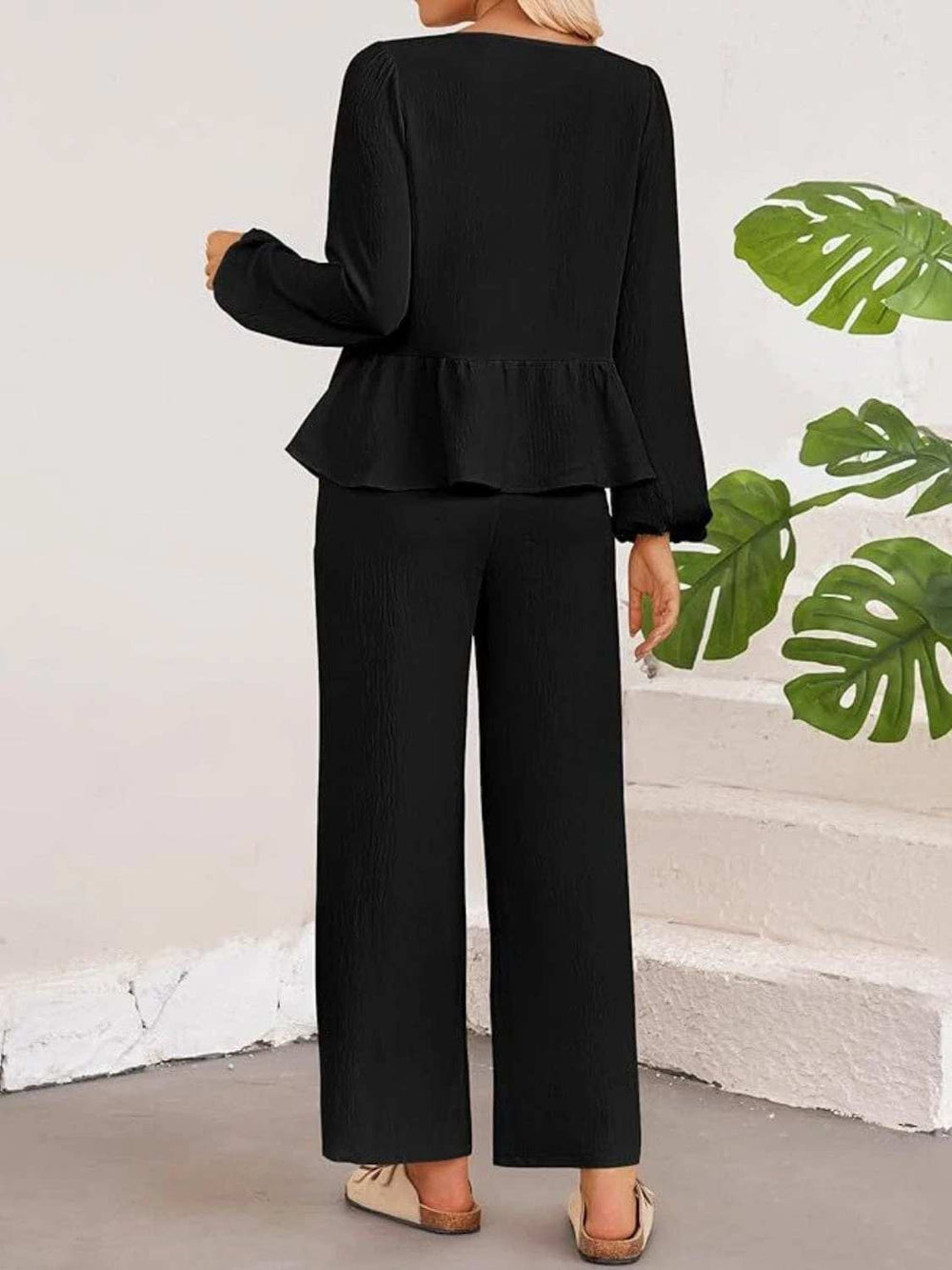 Tie Neck Balloon Sleeve Top and Pants Set - Trendsi - Flyclothing LLC