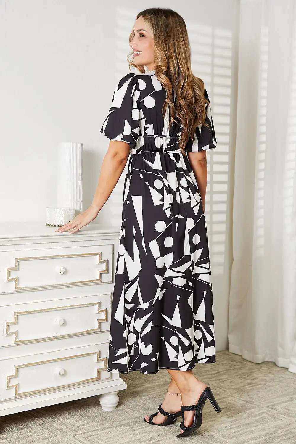 Printed Surplice Balloon Sleeve Dress - Trendsi - Flyclothing LLC