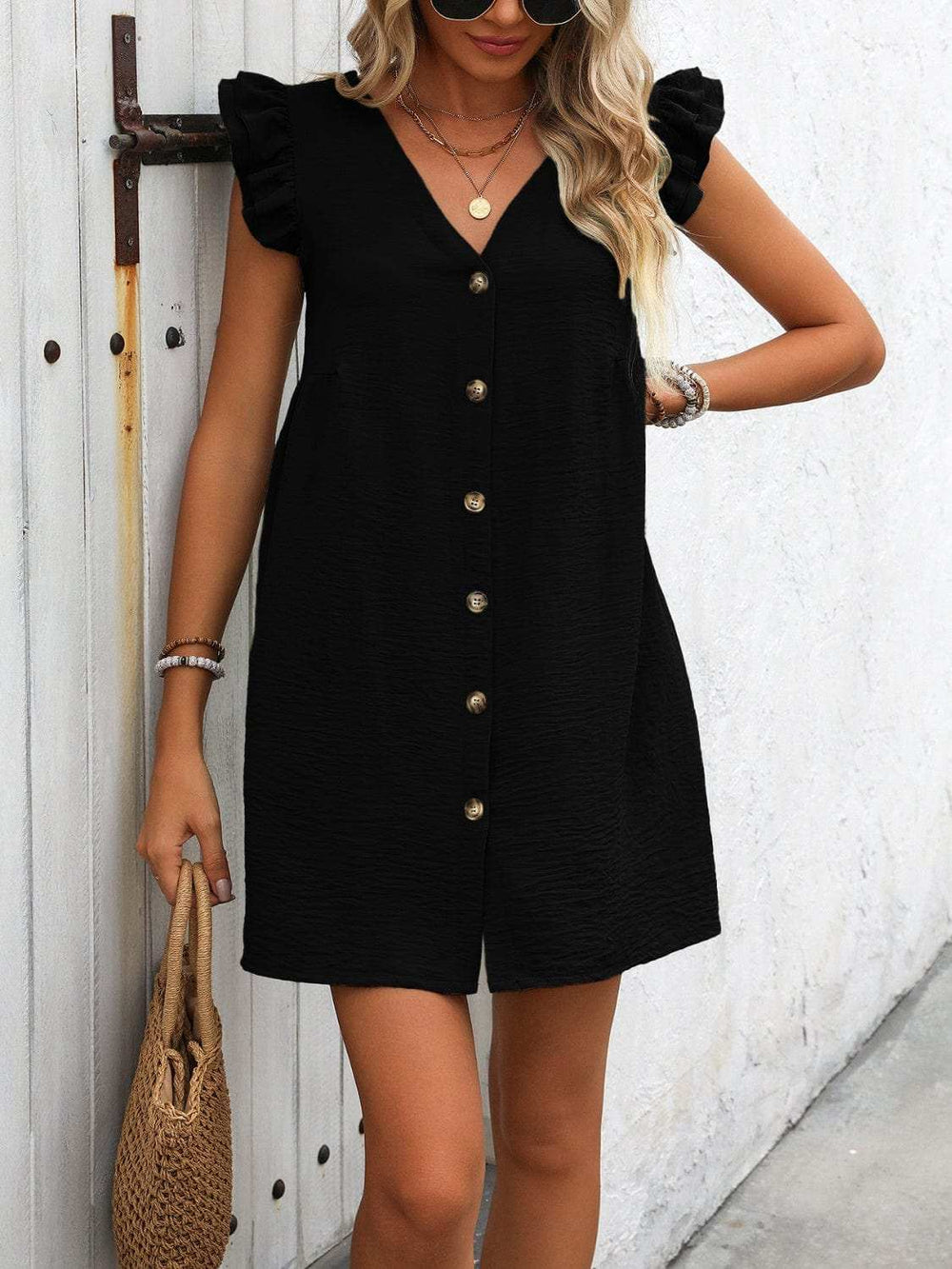 Button Up V-Neck Cap Sleeve Mini Dress - Trendsi - Flyclothing LLC
