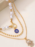 Layered Pearl Chain Evil Eye Hamsa Pendant Necklace - Trendsi - Flyclothing LLC
