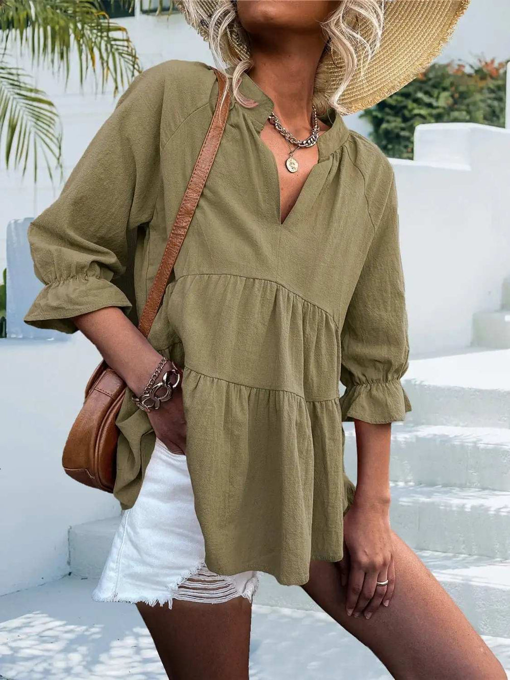 Ruffled Notched Three-Quarter Sleeve Blouse - Trendsi - Flyclothing LLC