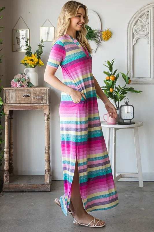 Heimish Full Size Striped Short Sleeve Maxi Tee Dress Plus Size - Trendsi - Flyclothing LLC