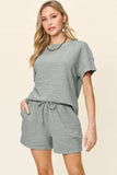 Double Take Full Size Texture Short Sleeve T-Shirt and Drawstring Shorts Set - Trendsi - Flyclothing LLC