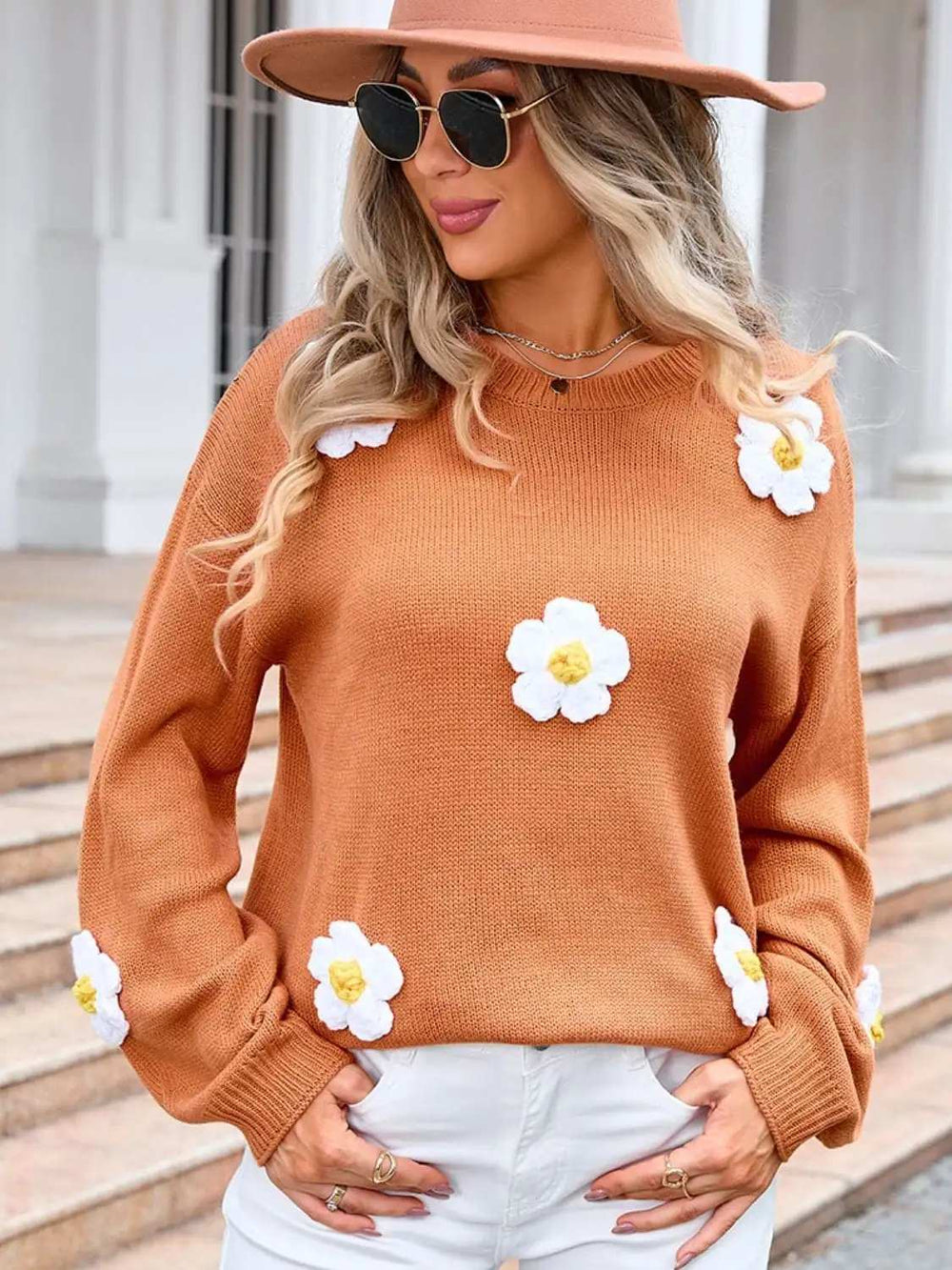 Angel Wings Flower Round Neck Long Sleeve Sweater - Trendsi - Flyclothing LLC