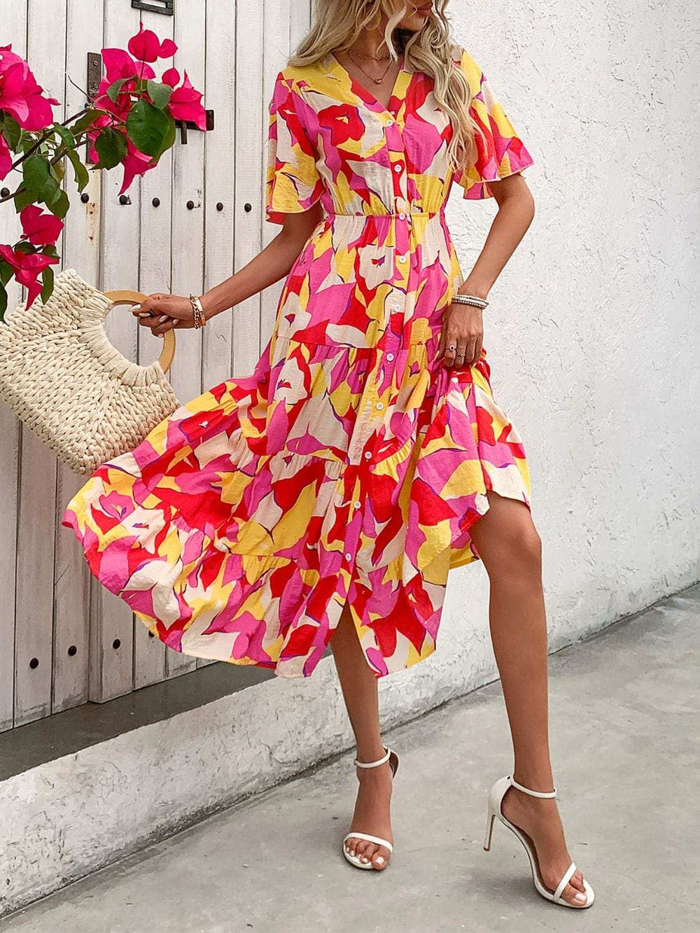 Printed V-Neck Flutter Sleeve Midi Dress - Trendsi - Flyclothing LLC