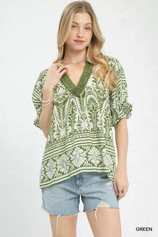 Umgee Two Tone Boarder Print Top - Trendsi - Flyclothing LLC