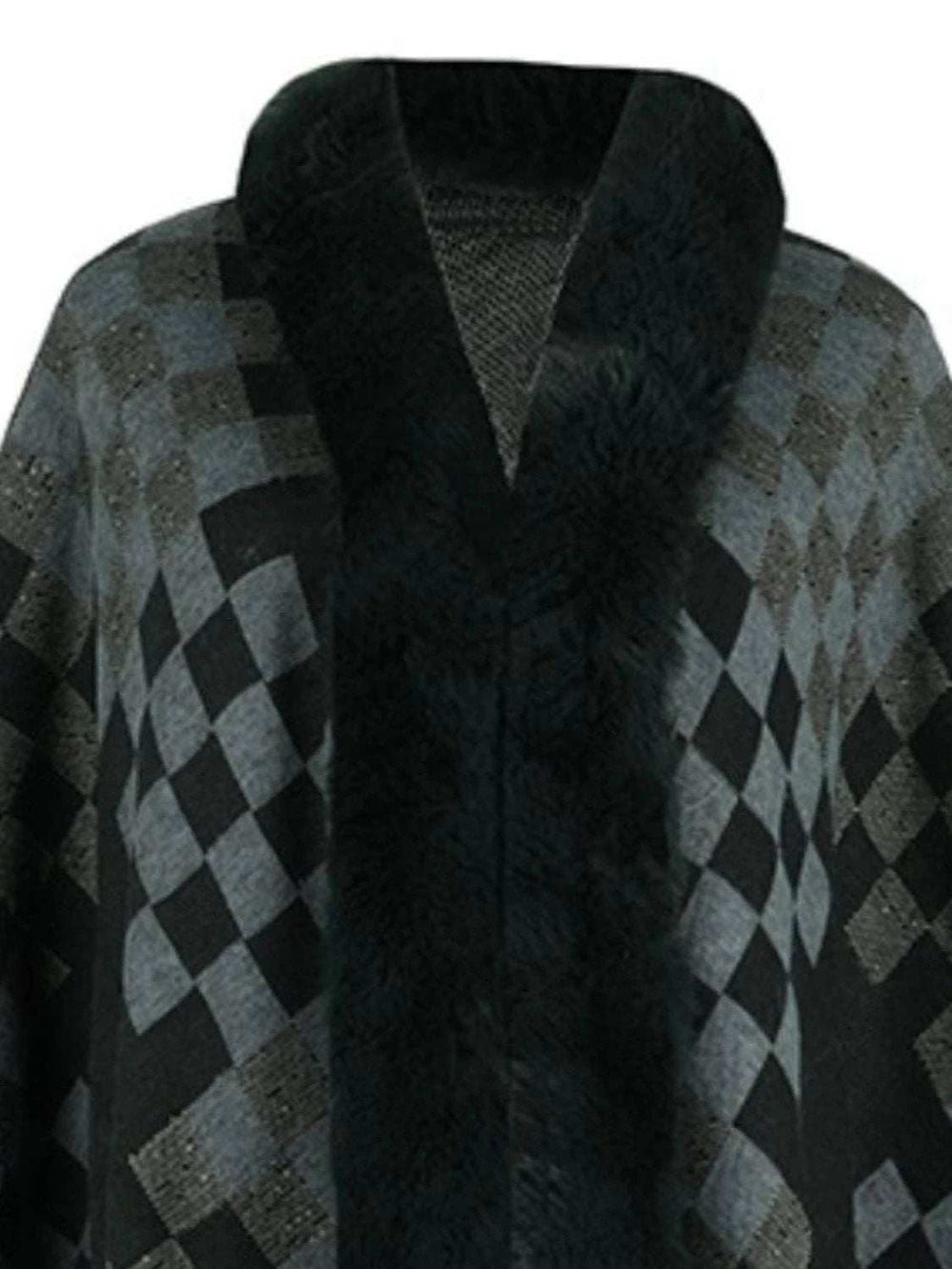 Fuzzy Checkered Long Sleeve Poncho - Trendsi - Flyclothing LLC