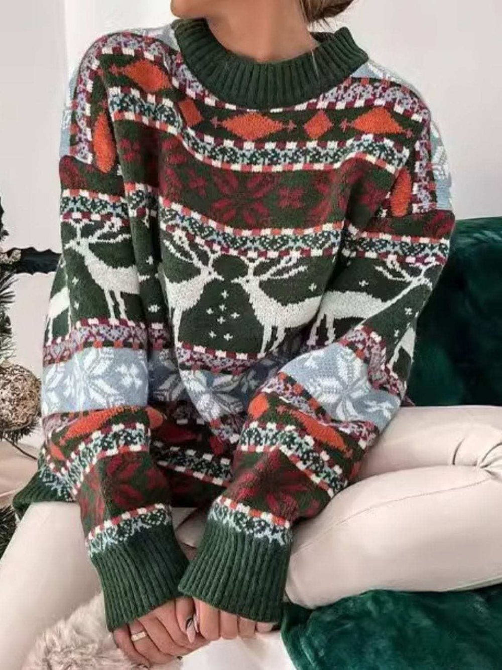 Geometric Round Neck Dropped Shoulder Sweater - Trendsi - Flyclothing LLC