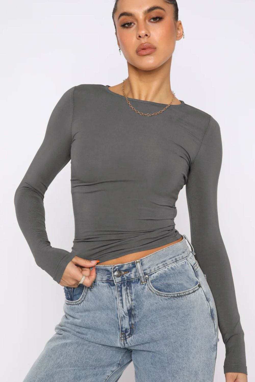 Round Neck Long-Sleeve Top - Trendsi - Flyclothing LLC