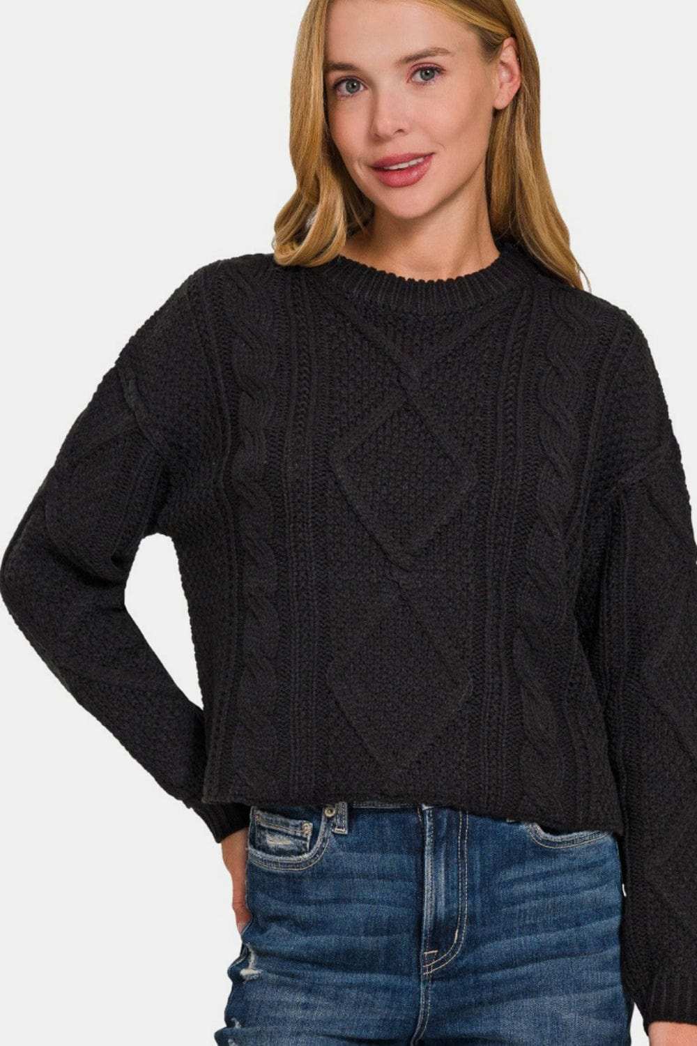 Zenana Cropped High Low Cable Sweater with Side Slits - Trendsi - Flyclothing LLC