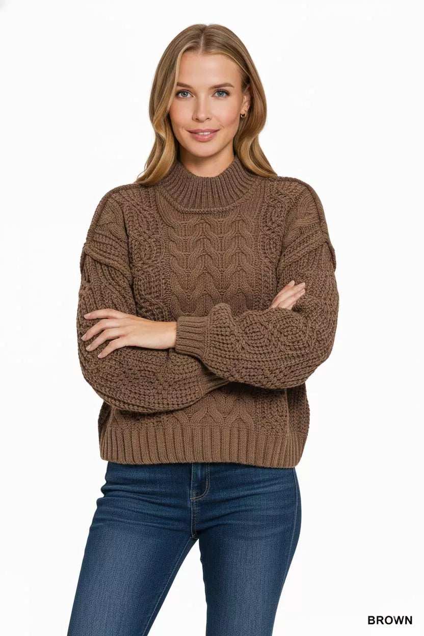 Zenana Cable-Knit Ribbed Turtleneck Sweater - Trendsi - Flyclothing LLC