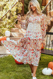Full Size Printed V-Neck Lantern Sleeve Midi Dress - Trendsi - Flyclothing LLC