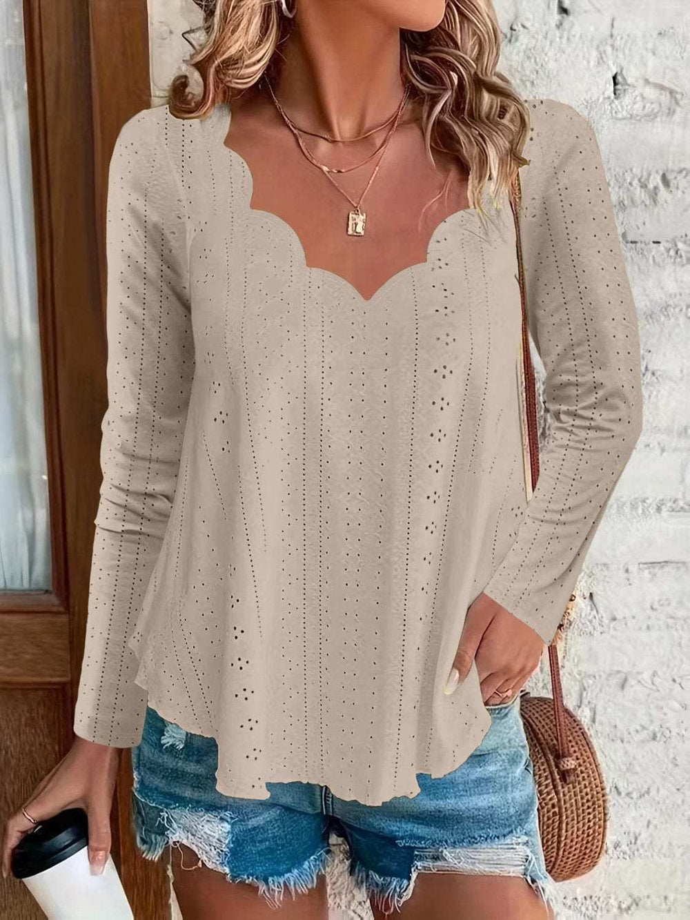 Eyelet Long Sleeve Blouse - Trendsi - Flyclothing LLC