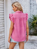 Ruffled Pocketed Collared Neck Cap Sleeve Denim Top - Trendsi - Flyclothing LLC