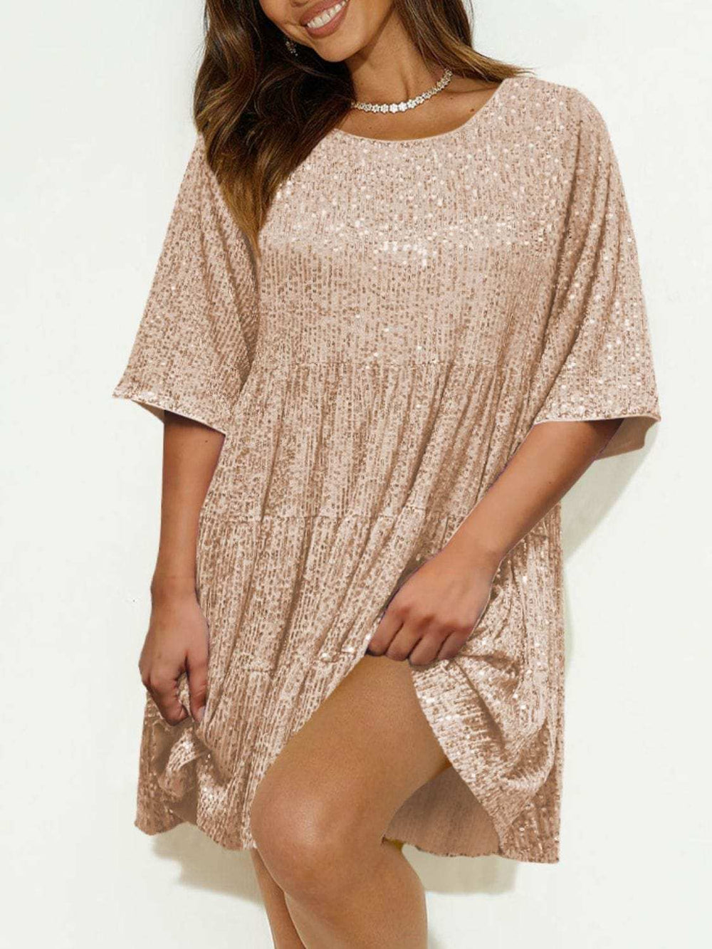 Sequin Round Neck Half Sleeve Mini Dress - Trendsi - Flyclothing LLC