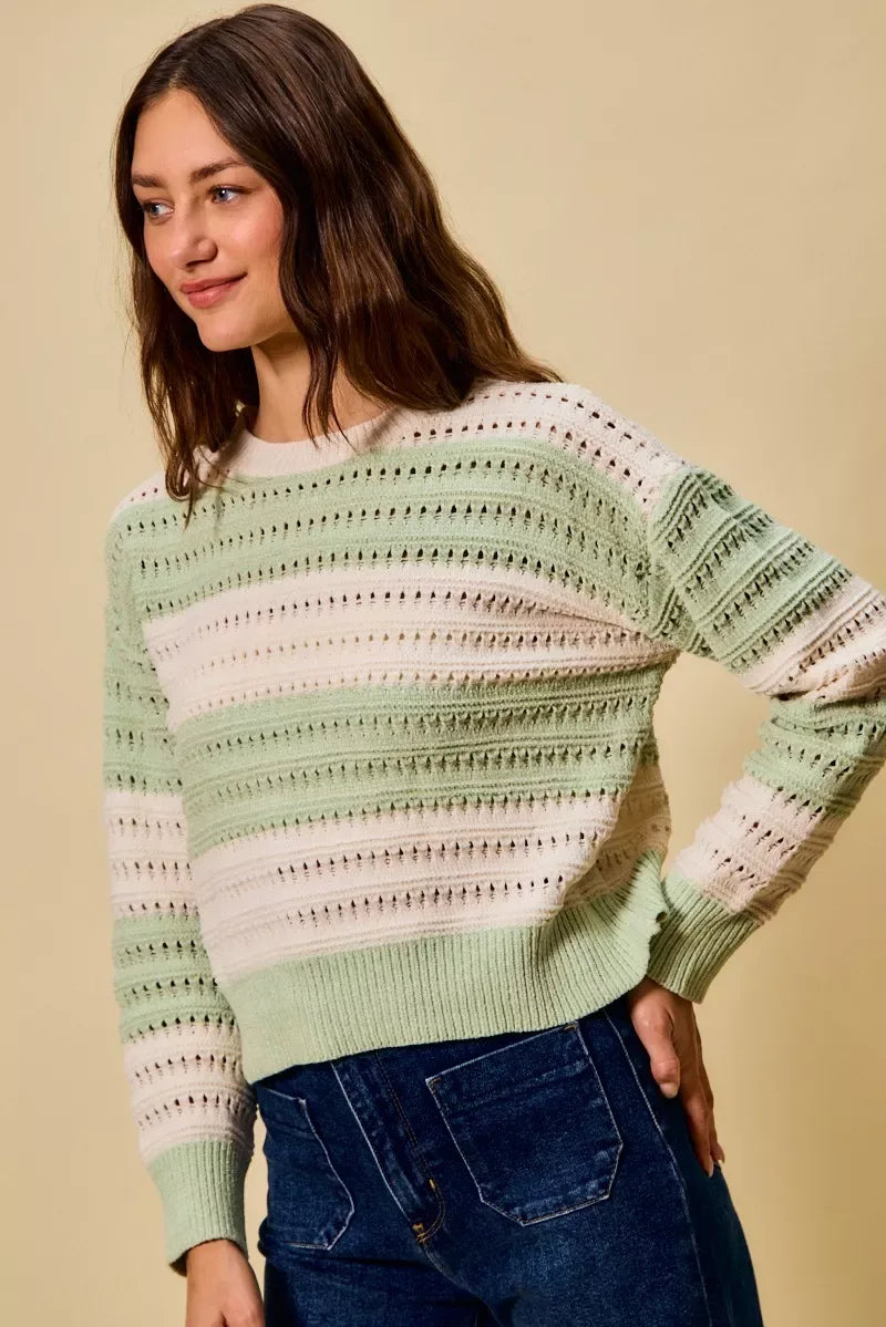 SO ME Openwork Round Neck Wide Stripe Textured Sweater - Trendsi - Flyclothing LLC