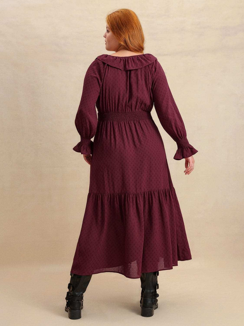 Plus Size Swiss Dot Tie Neck Flounce Sleeve Maxi Dress - Trendsi - Flyclothing LLC