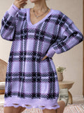 Distressed Plaid V-Neck Long Sleeve Sweater Dress - Trendsi - Flyclothing LLC