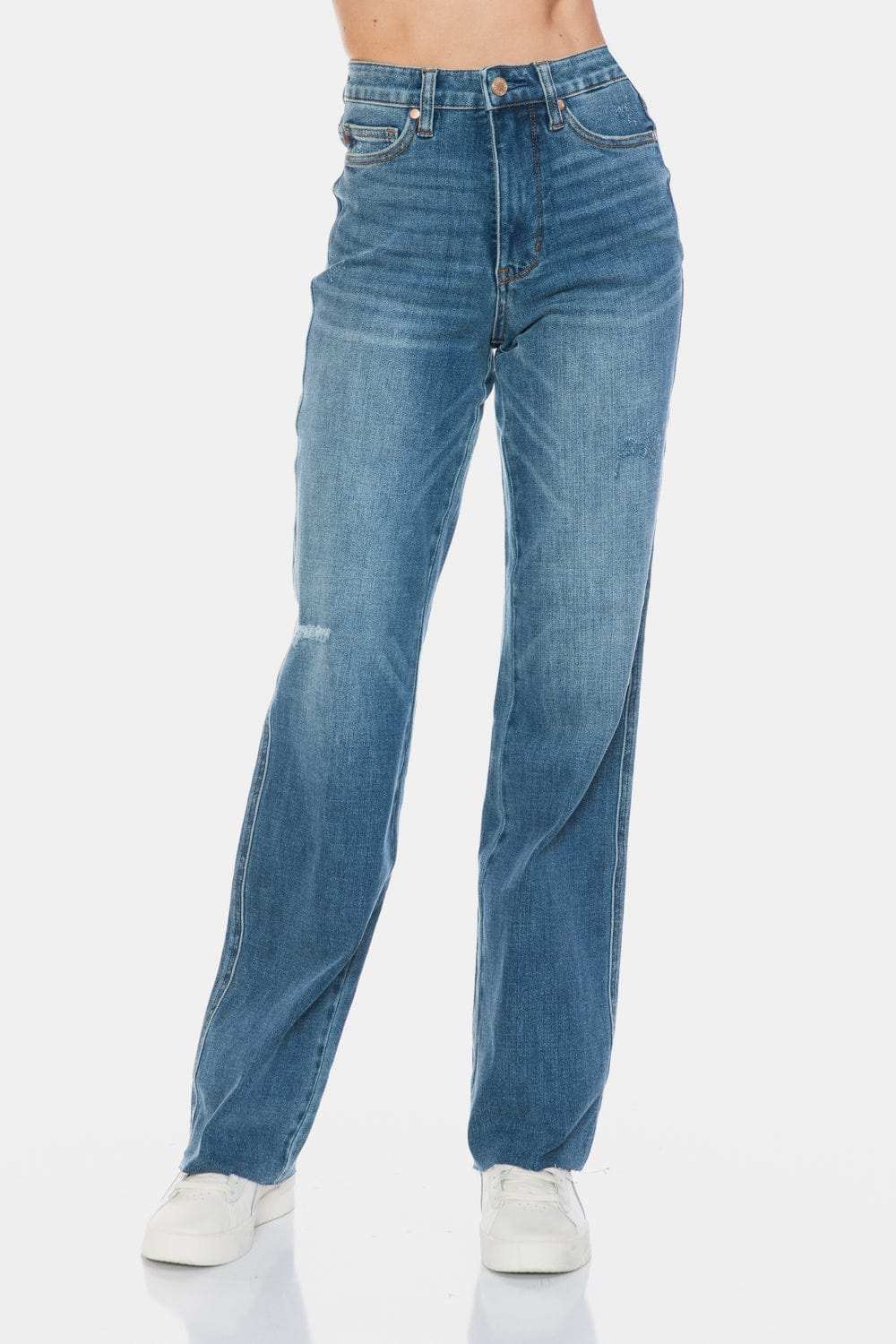 Judy Blue Full Size Tummy Control Cut Raw Hem Straight Jeans - Trendsi - Flyclothing LLC